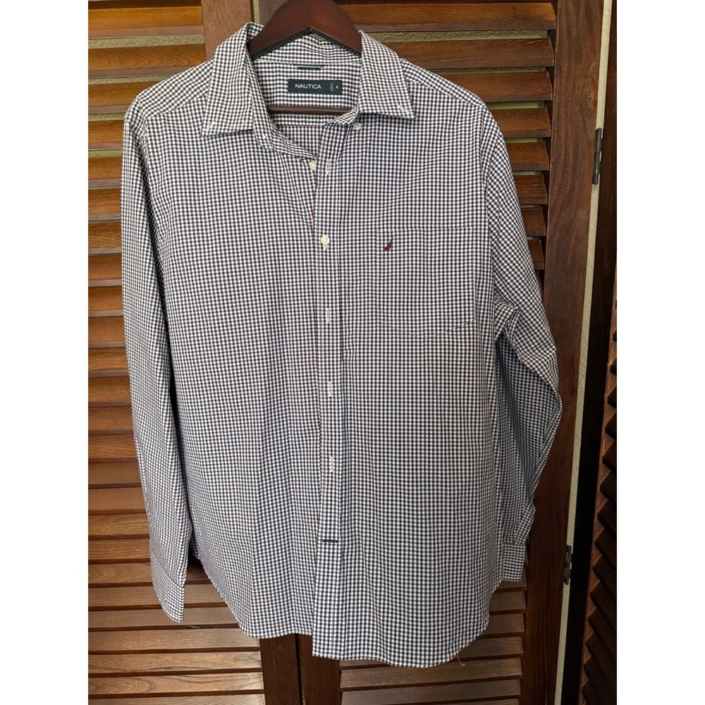 Nautica Mens XL Gingham Checkered Button Down Shirt Navy Blue & Burgundy Cotton